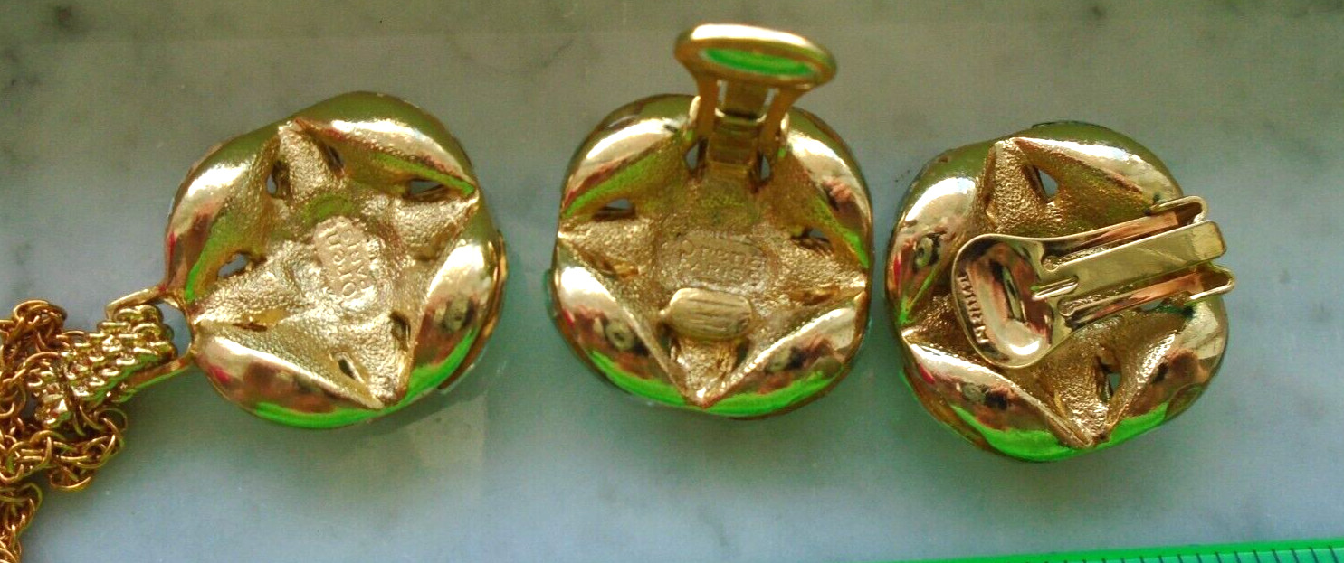 Signed Orena Paris Gold Ton Earring Necklace Set Vintage Marquise Crystal France