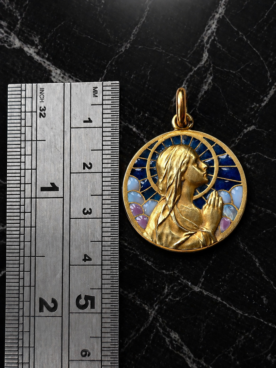 Antique Art Nouveau 18K Gold Virgin Mary Plique-à-Jour Enamel Pendant c1900 Rare