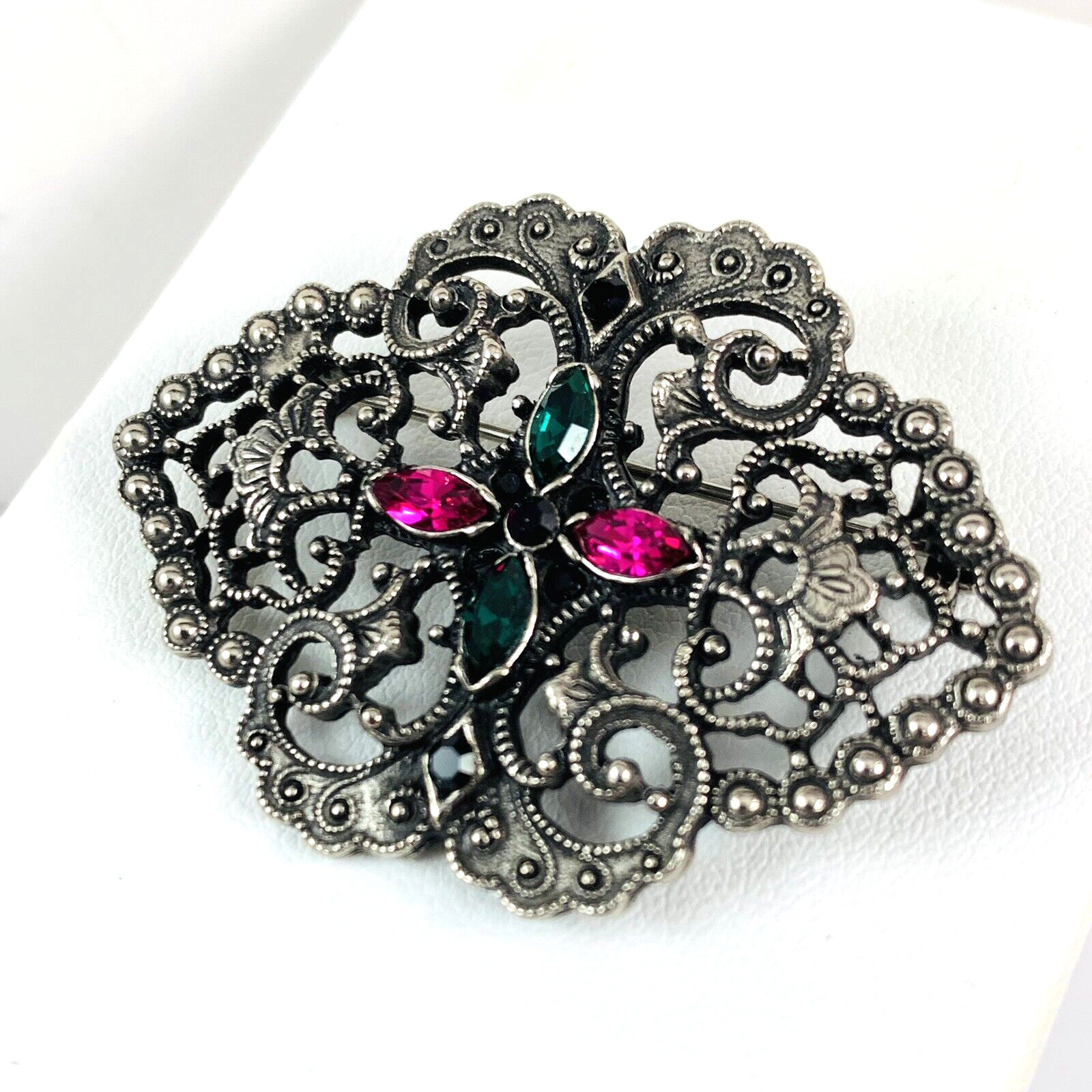 Vintage 1928 Brand Pink and Green Rhinestone Silver Tone Brooch Pin