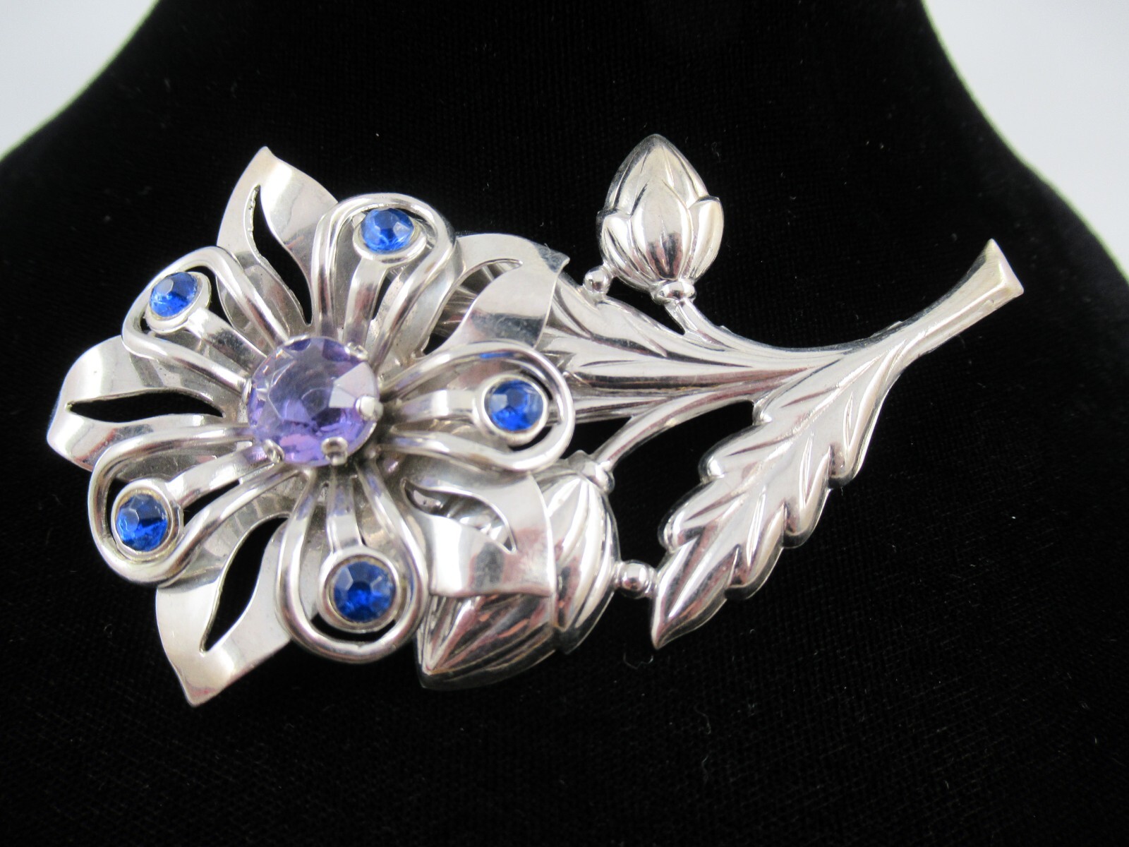 Vintage Purple/Blue Rhinestone on Silver Tone Stamped Metal Flower Brooch, Pin