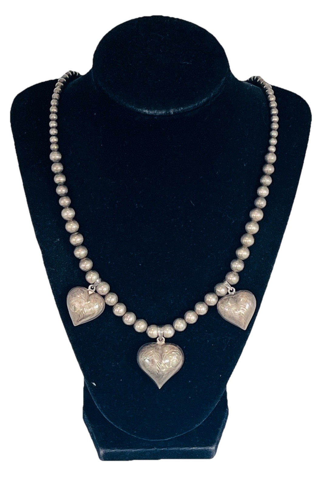 Vintage Sterling Silver Heart Charms Pendant 8MM Ball Bead Necklace 41-Grams