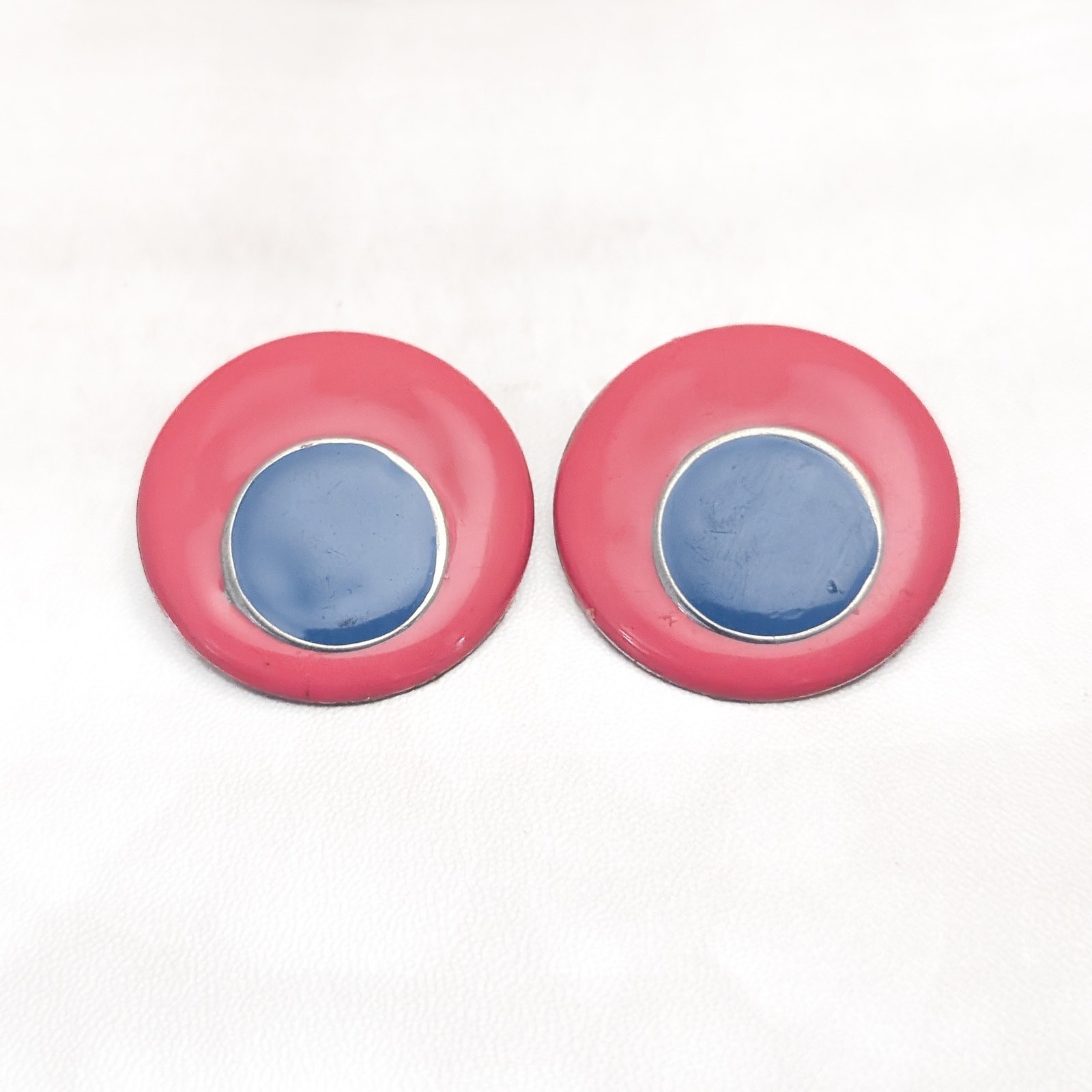 Vintage Clip On Earrings Large 1.25″ Muted Pink & Blue Contrasting Statement