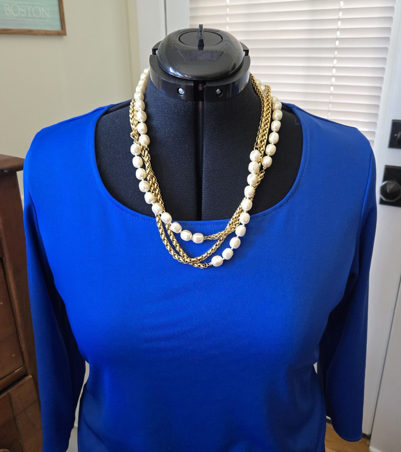 Very Long Endless Pearl and Gold spiga wheat Chain Necklace 80″