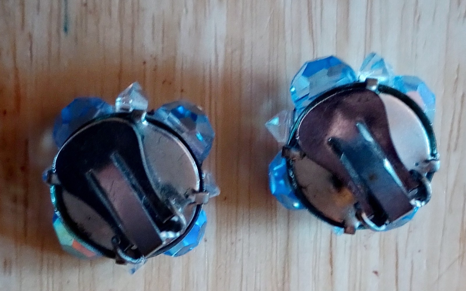 Vintage Jewelry Blue & Clear Faceted Cut Glass Beaded Necklace & Clip Earrings