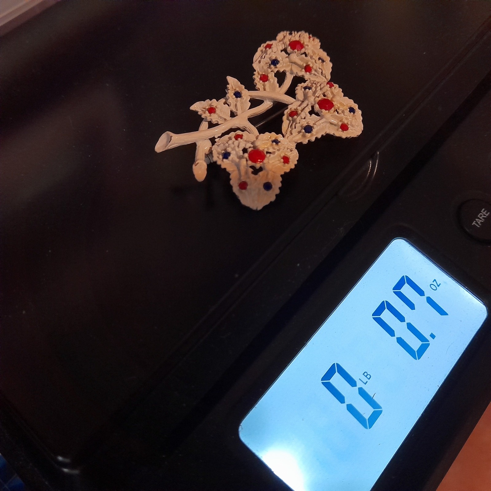 Vintage 1960s White Enamel Red Blue Rhinestones Floral Brooch – 2 3/8 Inches