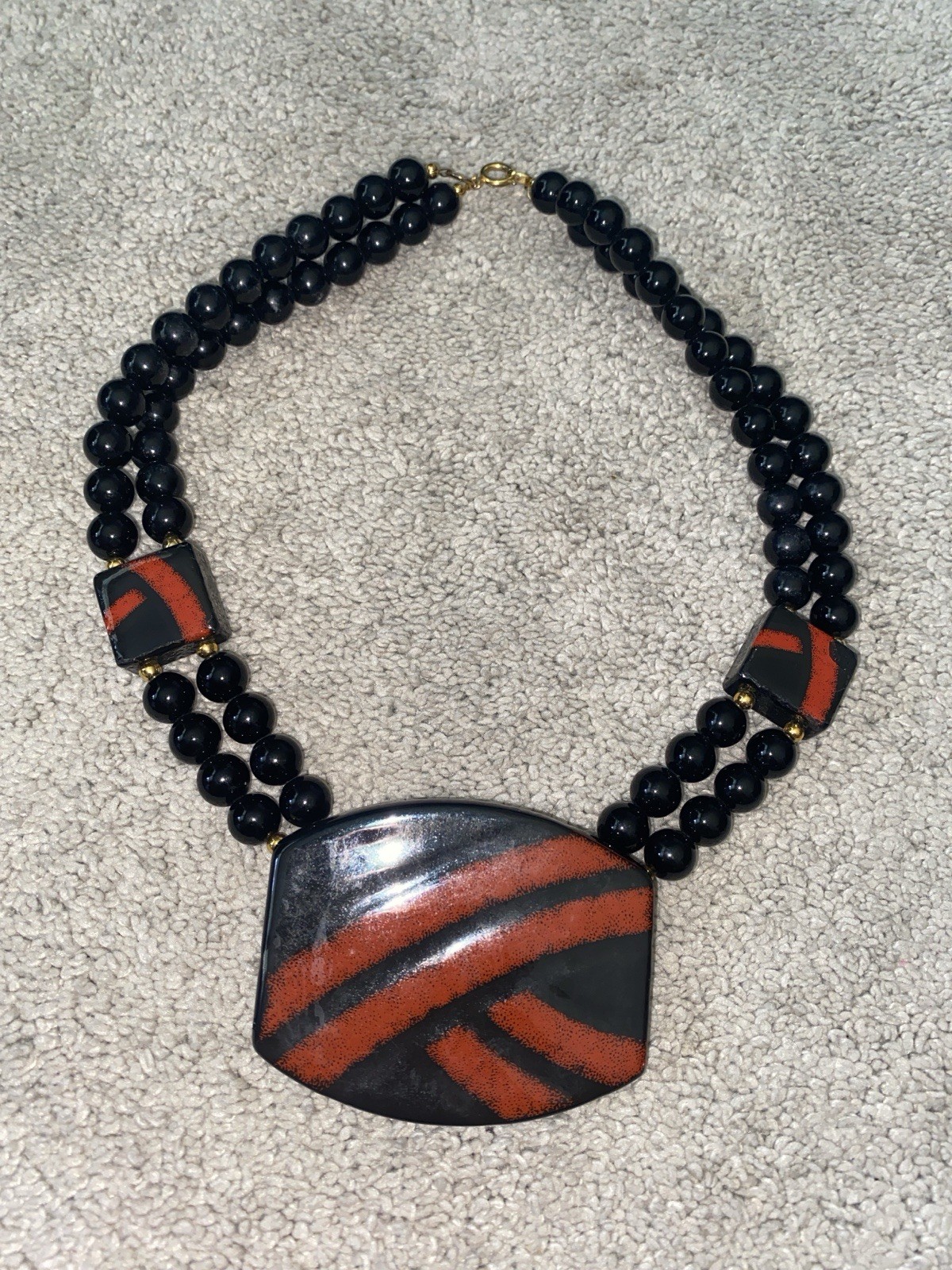 VTG Japan Beaded Statement Necklace Red Black Ceramic Pendant