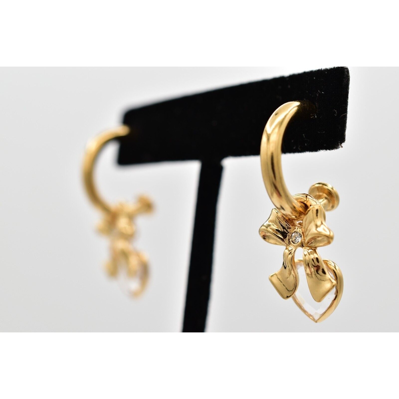 Vintage Hoop Charm Earrings Bow Crystal Bezel Heart Dangle Drop 1990s BinW