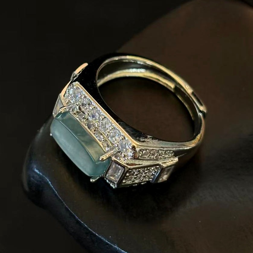 VTG Natural Translucent Green Jade Jadeite Ring Silver-tone, Size 7.5 adjustable