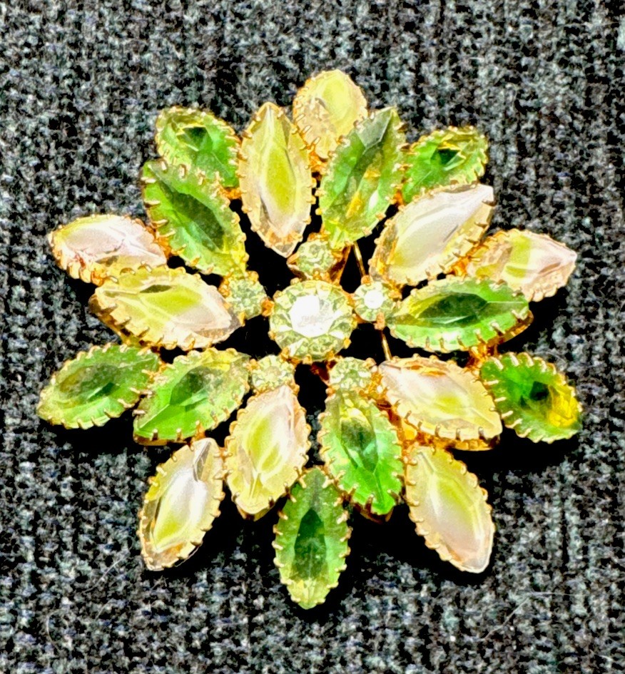 Gold-tone Brooch With Lime Green Givré And Opalescent Marquise-Cut Rhinestones