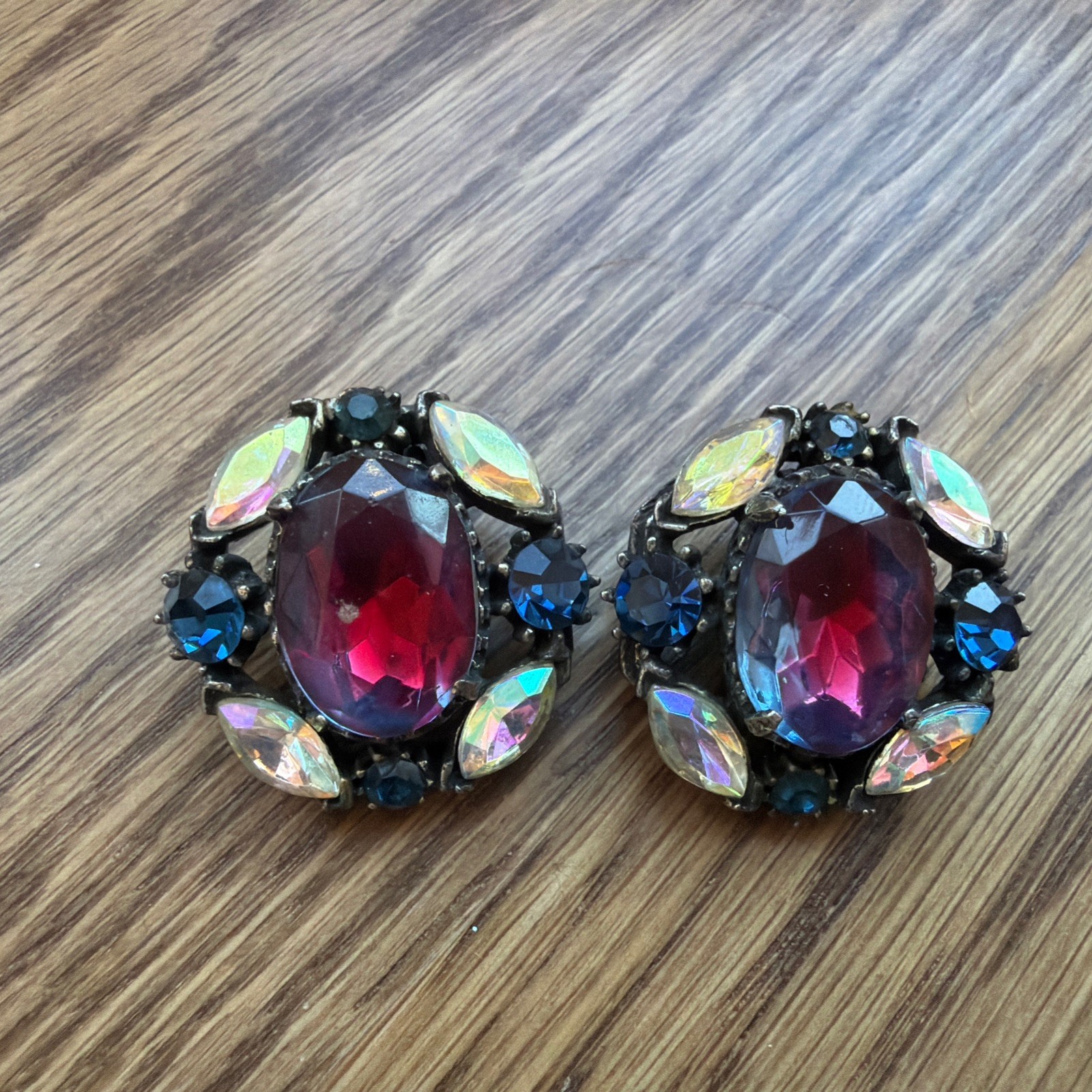 Vintage Rhinestone Earrings with Purple Pink and Blue Clip On Costume