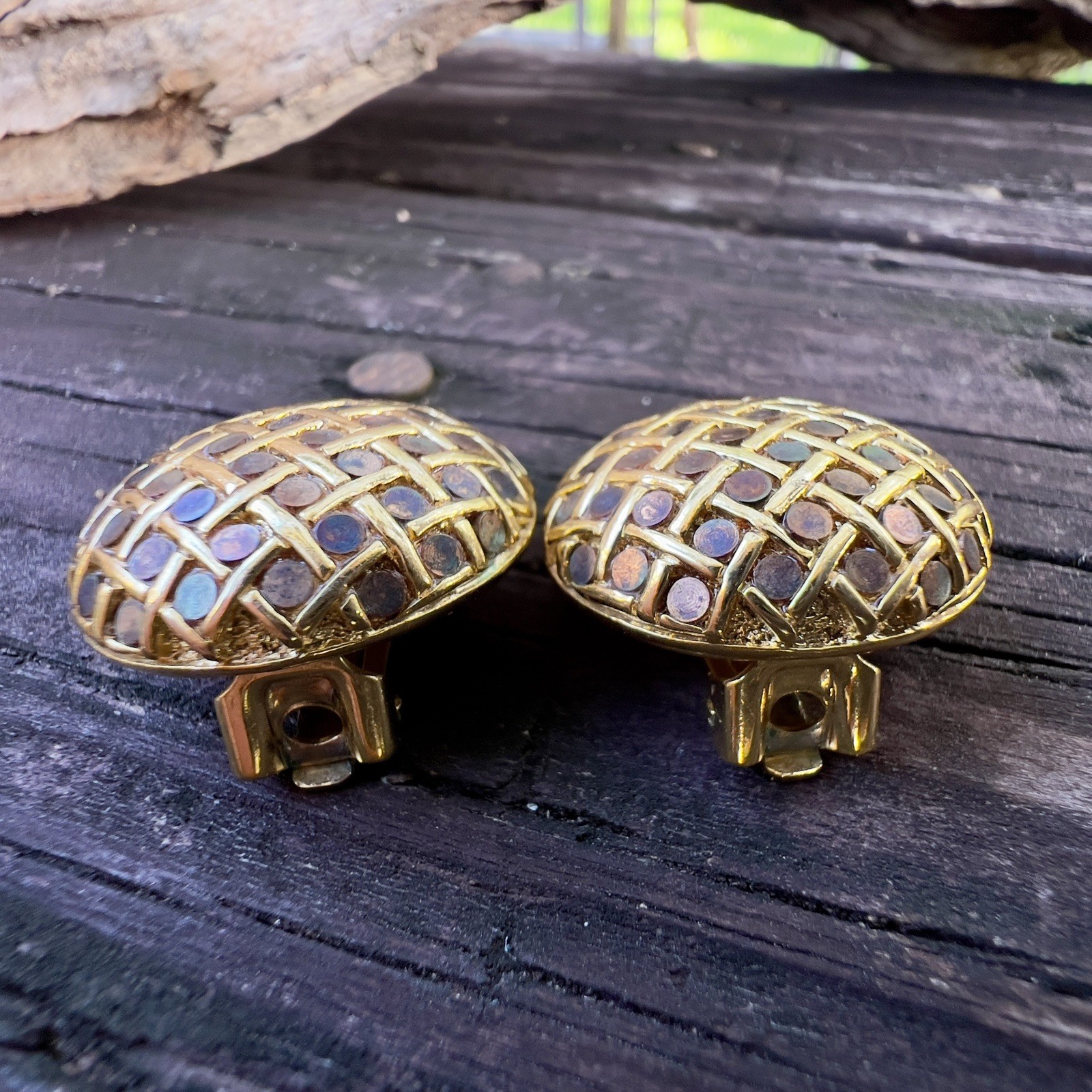 Vintage Orena Paris Woven Iridescent Gold Tone Button Clip Earrings Signed