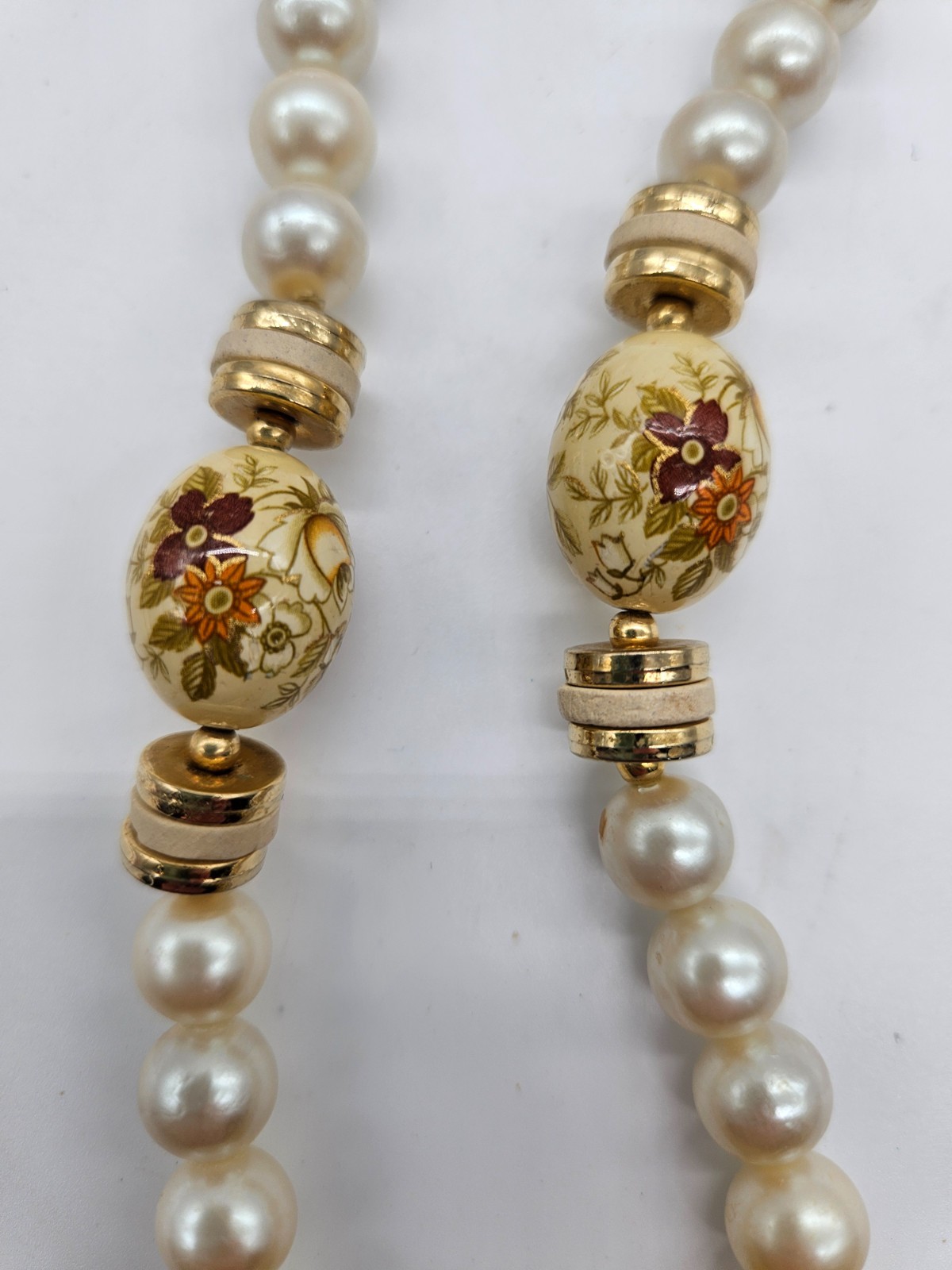 Vintage Japan Faux Pearl Painted Floral Flower Bead 26” Necklace