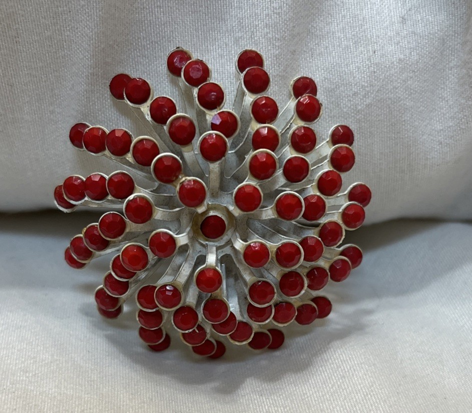 Vintage 3D Pinwheel Swirl Brooch Layered Pin Enameled White Metal With Red Beads