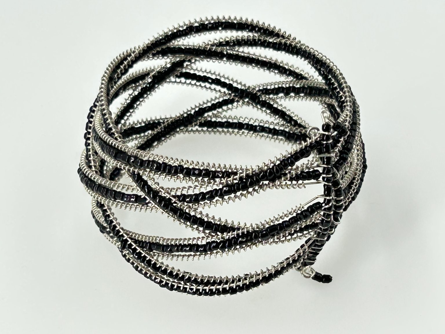 Vintage Black Beaded Cuff Braided Bracelet Silver Tone Multi Strand Wrap