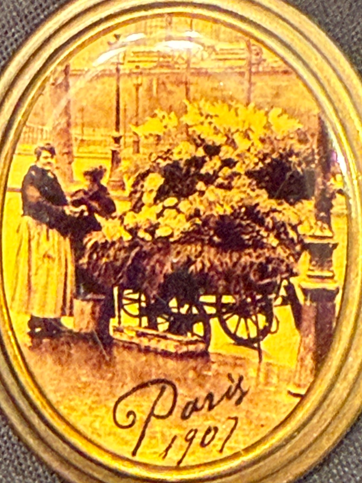 Antique Brooch w/ Picture of Flower Cart & Woman Dated Paris 1907 w/ Black Stone