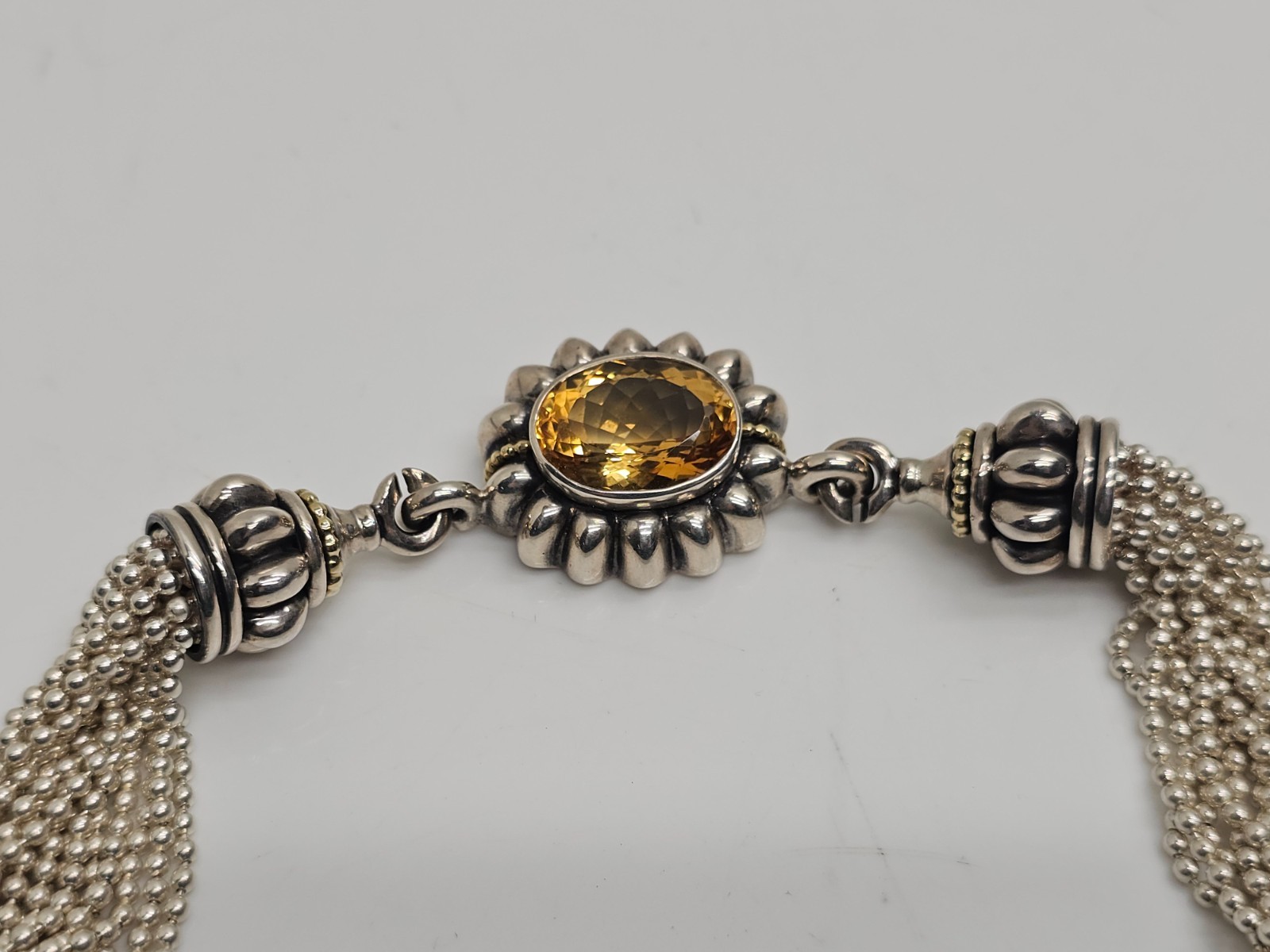 Multi Strand Silver 925 Bead Necklace Amber Glass Front Clasp Statement 17.5 in