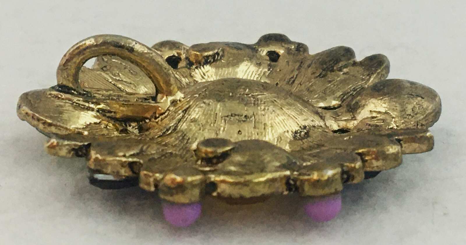 GoldTone Rhinestone Pendant Oval Embossed Faceted Purple Blue Yellow Vintage