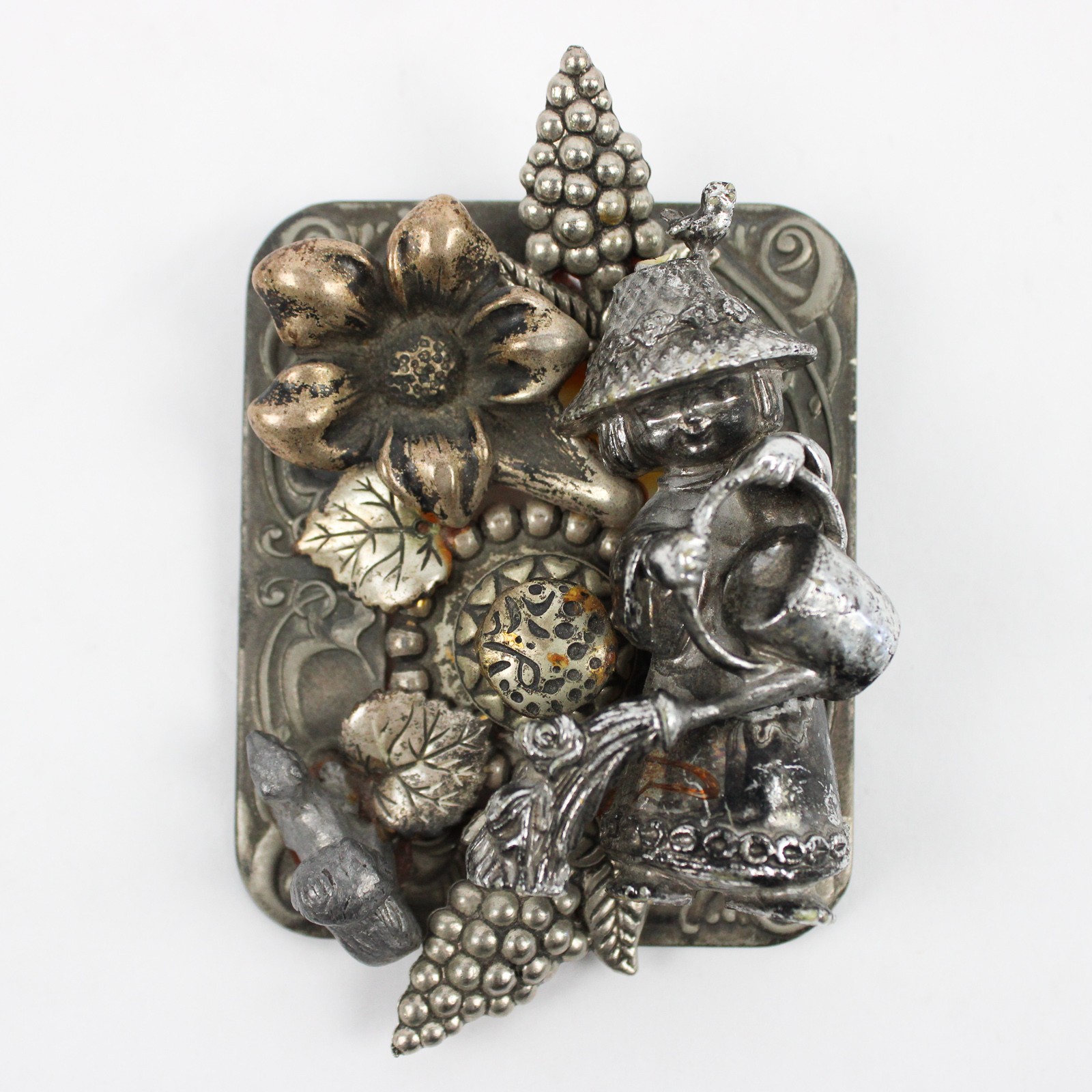 Vintage Metal Plated Girl Gardening Brooch 4″ Silver Tone Collectible