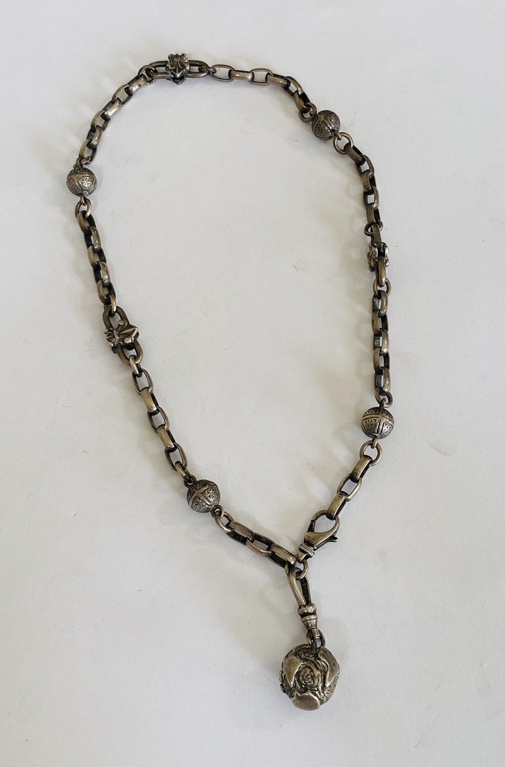 Vintage Sterling Silver Station Fleur de Lis French Ball Globe Charm Necklace