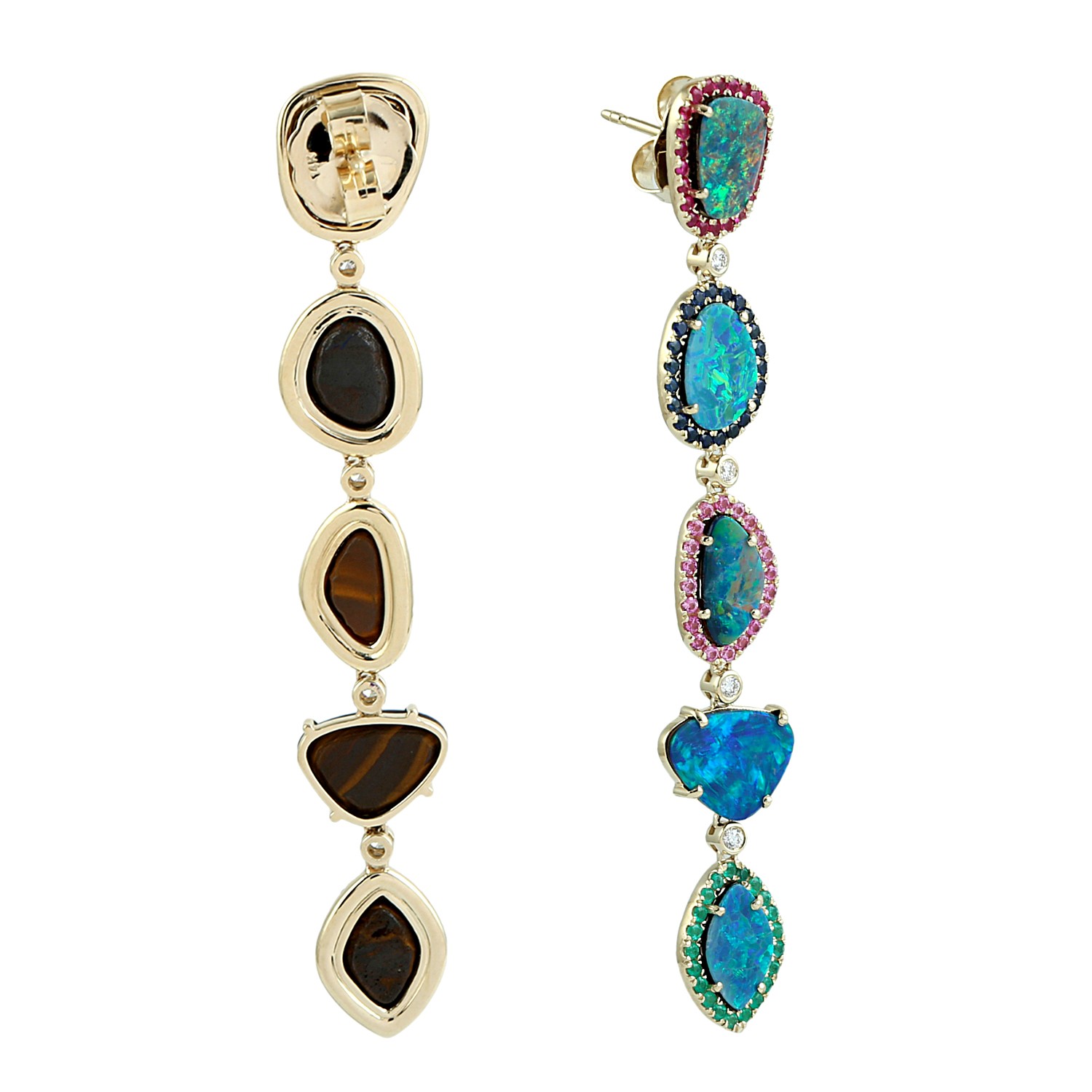 14K Gold Multi Gemstone Opal Drop Dangle Earrings Diamond Ruby Sapphire Emerald