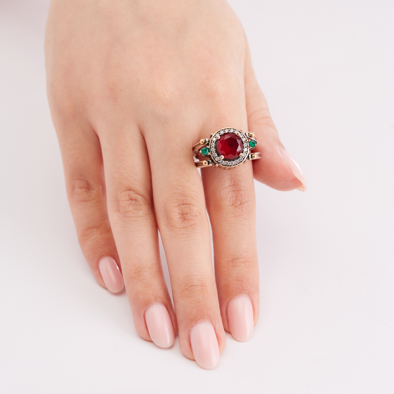 Turkish Reversible Round Emerald and Ruby Topaz 925 Sterling Silver Ring