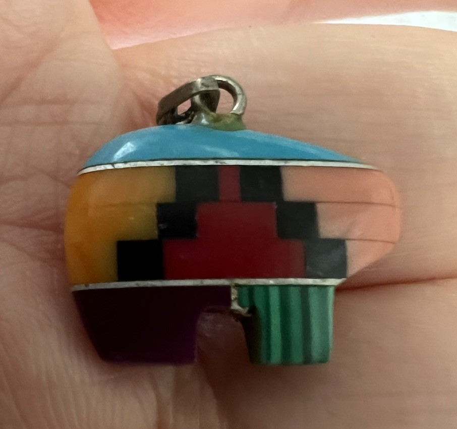 Vintage Small Native American Southwest Bear Multi Gemstone Inlay Pendant