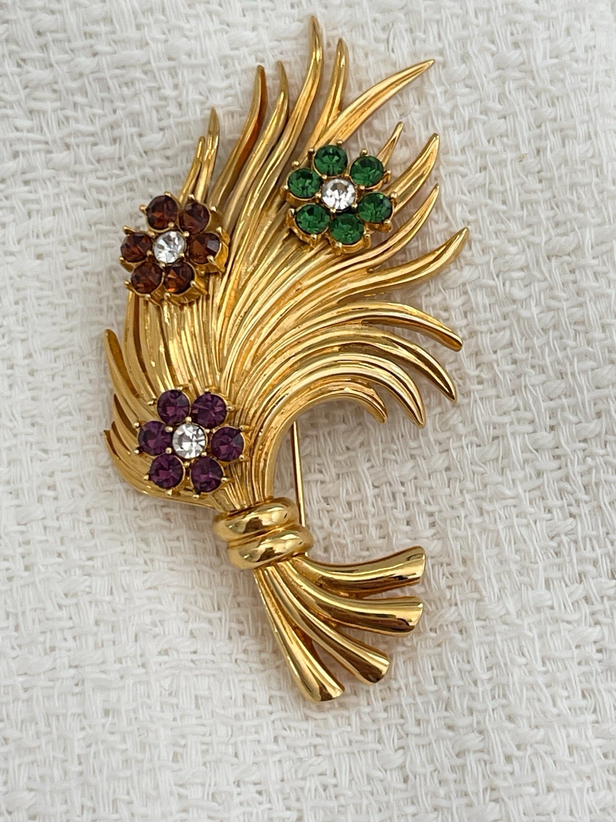 Vtg Signed Carolee Flower Bouquet Green Purple Brown Rhinestones Textured Brooch