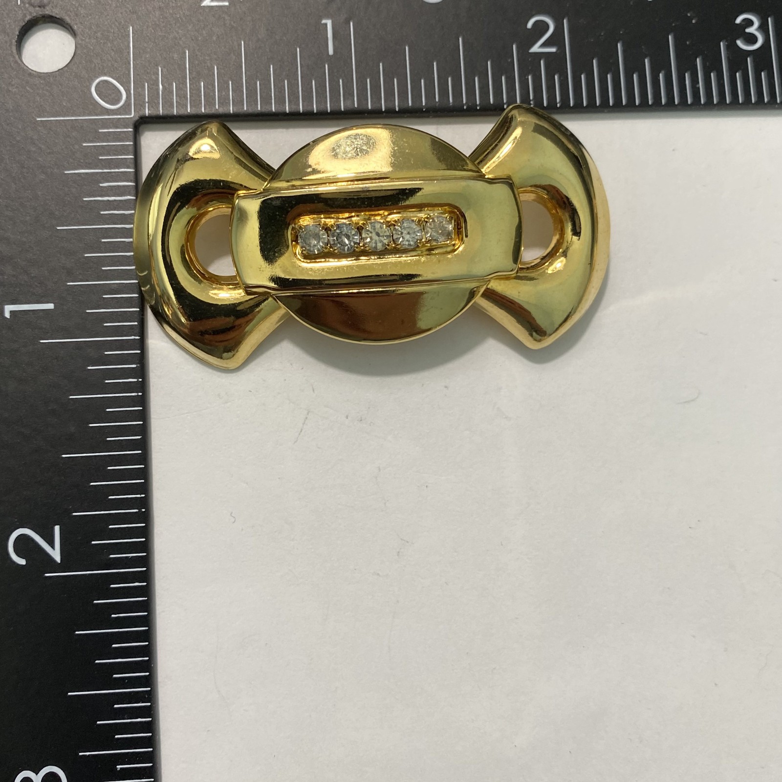 Vintage 1980s Gold Tone Geometric Bar Brooch Clear Rhinestone Costume Jewelry