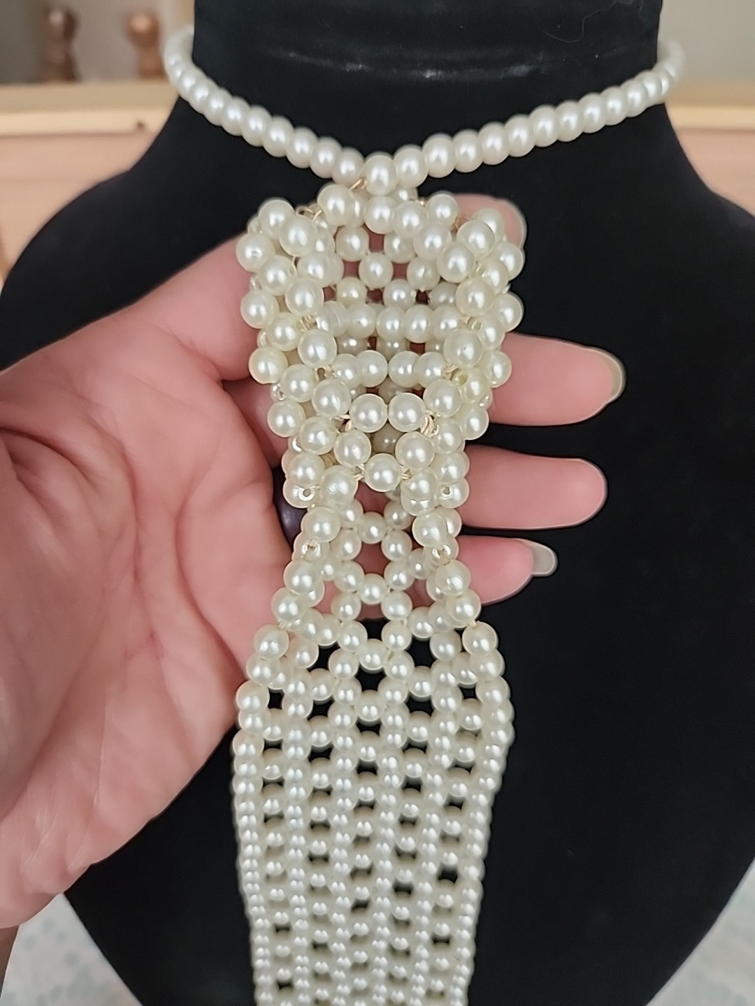MCM Vintage Faux Pearl Tie Necktie Necklace Hong Kong 18″ Handmade Off White