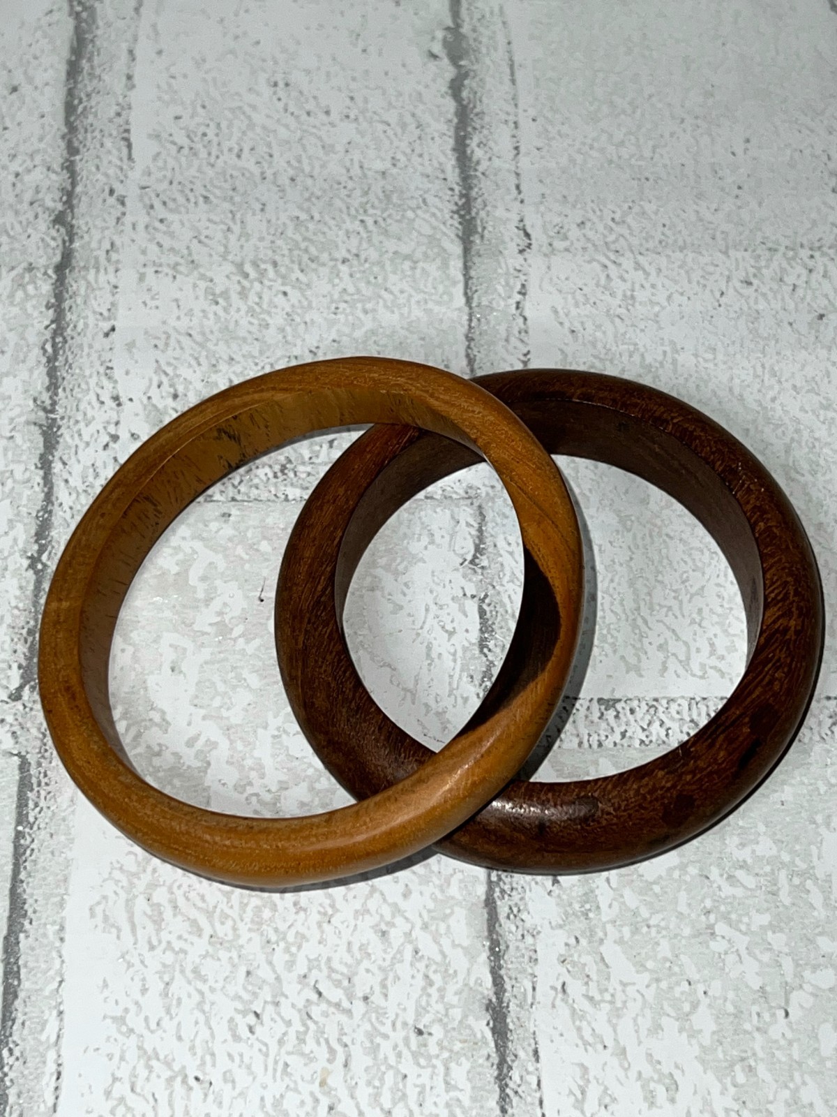 Wooden Bangles Vintage Set of 2, Slide On Natural Woods Earthy Boho