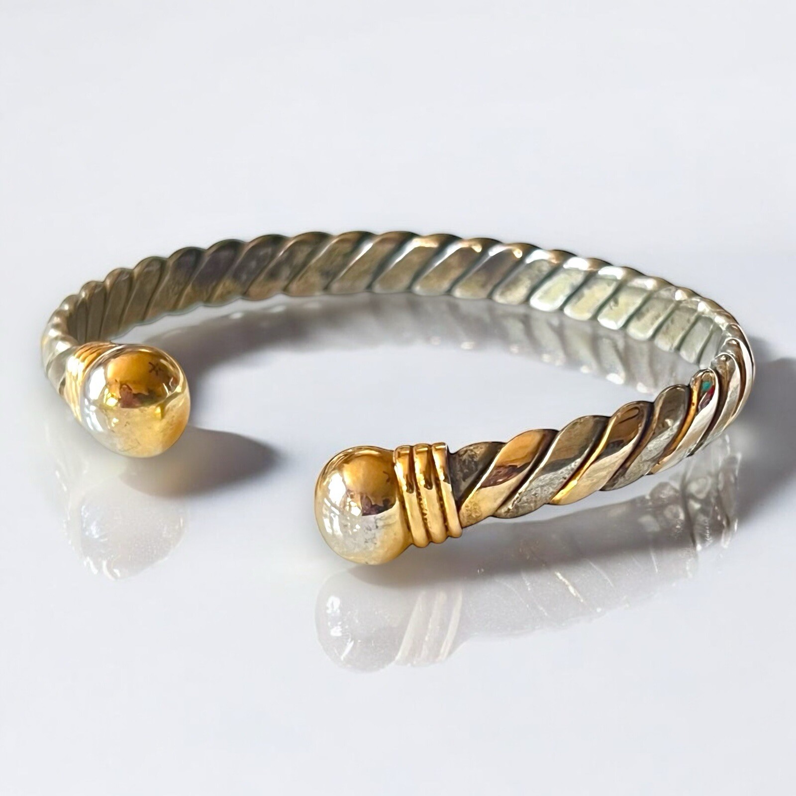Mixed Metal Cuff Bracelet 7” Silver Gold Tone Flat Link Vintage 1980s Jewelry