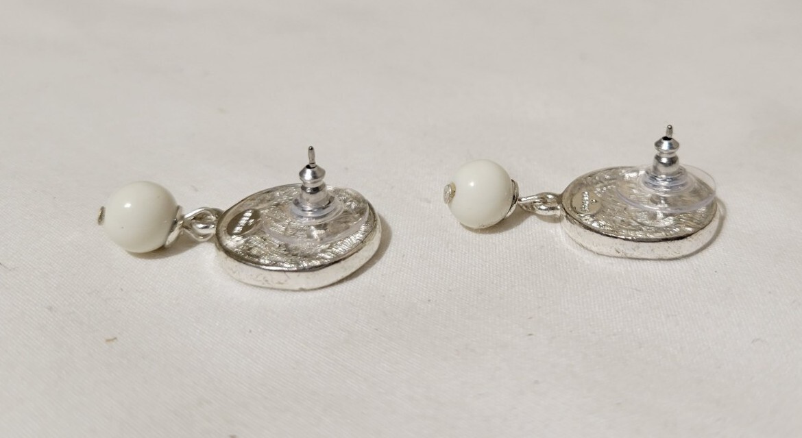 Vintage Givenchy Signed Logo Silver Tone with White Ball Pierced Dangle Earrings