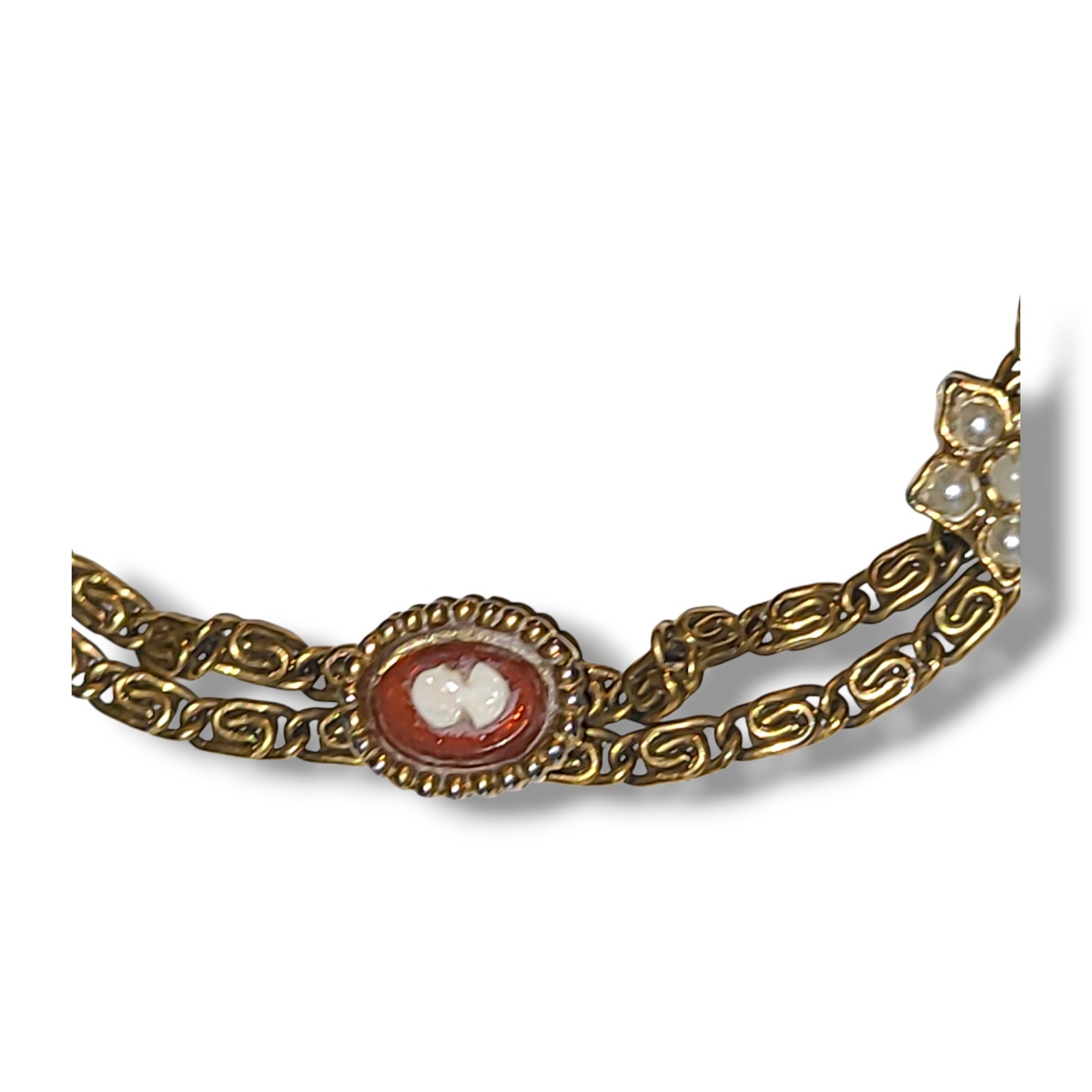 Vintage Goldette NY Cameo Charm Bracelet Double Chain Faux Pearl 7.25″