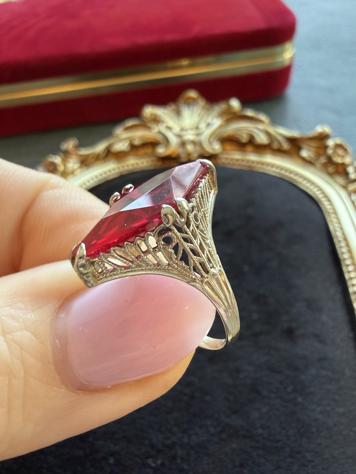 Antique Art Deco 14k White Gold Filigree Ring with a Kite Cut Ruby lab created
