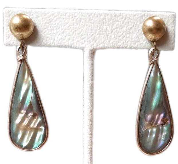 VTG Dangle Drop Abalone Shell Inlay Teardrop Earrings Goldtone Screw Back 2″L