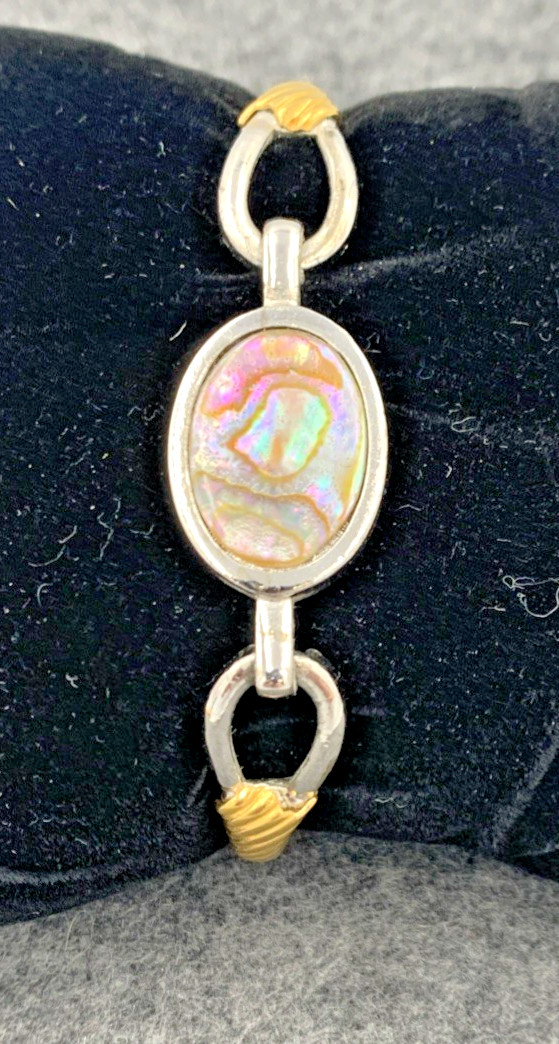 Vintage Avon Abalone Shell Oval Bracelet, Gold and Silver Two Tone Bangle