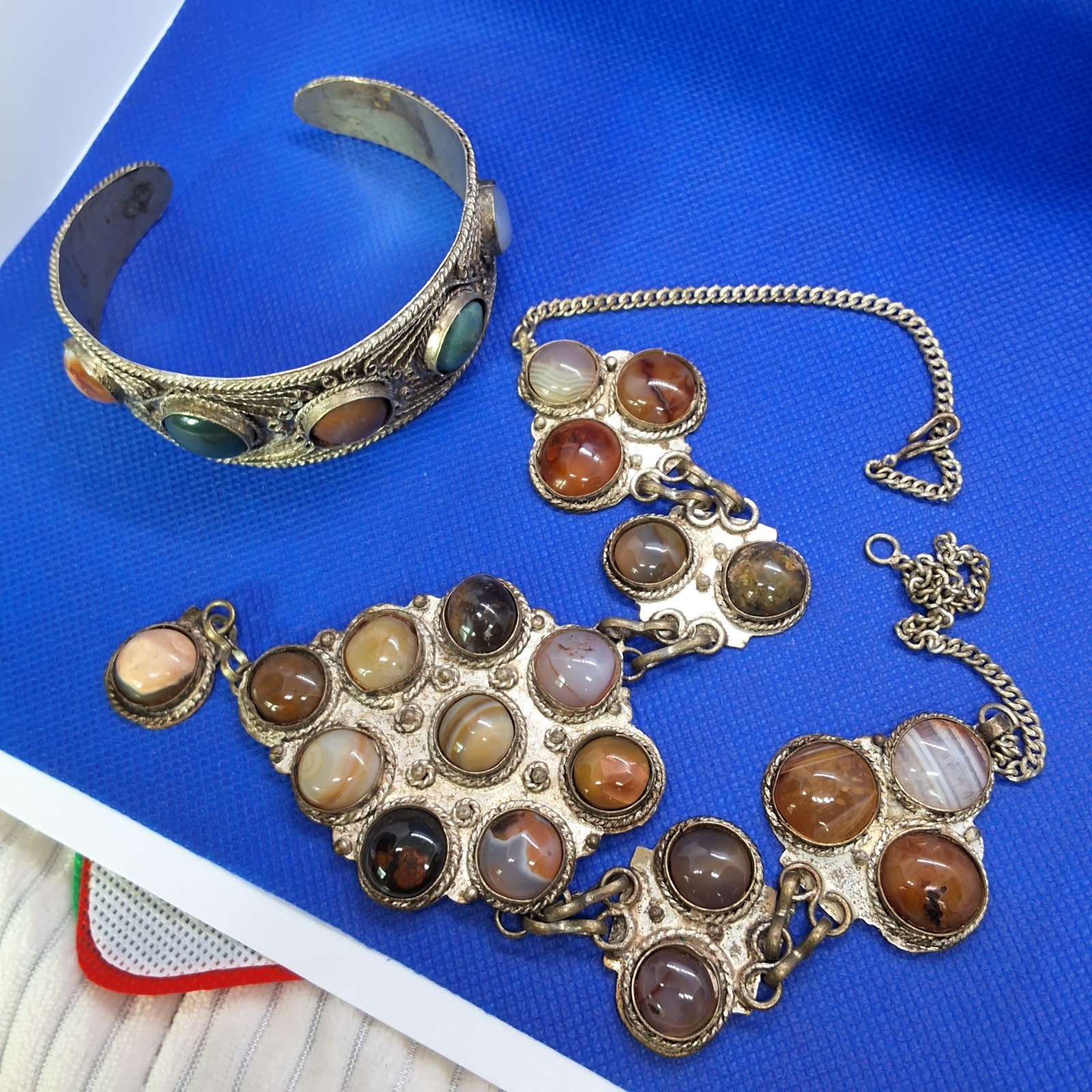 Vintage Tibetan Silver Metal Agate Glass Statement Necklace, Bracelet and Pin