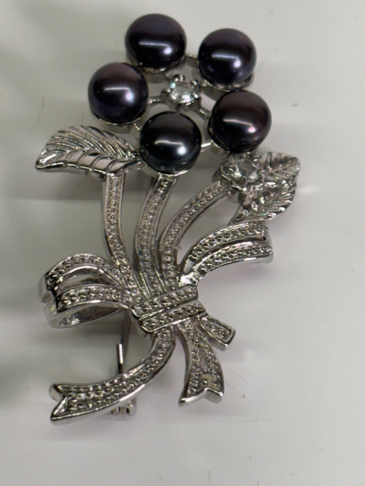 Dark Gray Pearl And Rhinestones In Silver Setting Brooch
