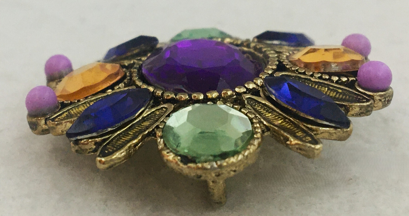 GoldTone Rhinestone Pendant Oval Embossed Faceted Purple Blue Yellow Vintage