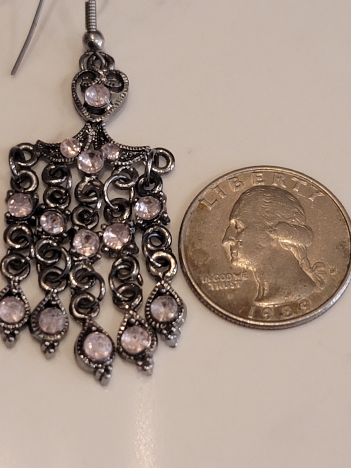 Vintage Style Chandelier Earrings Pink Rhinestone Gunmetal Dangle Boho