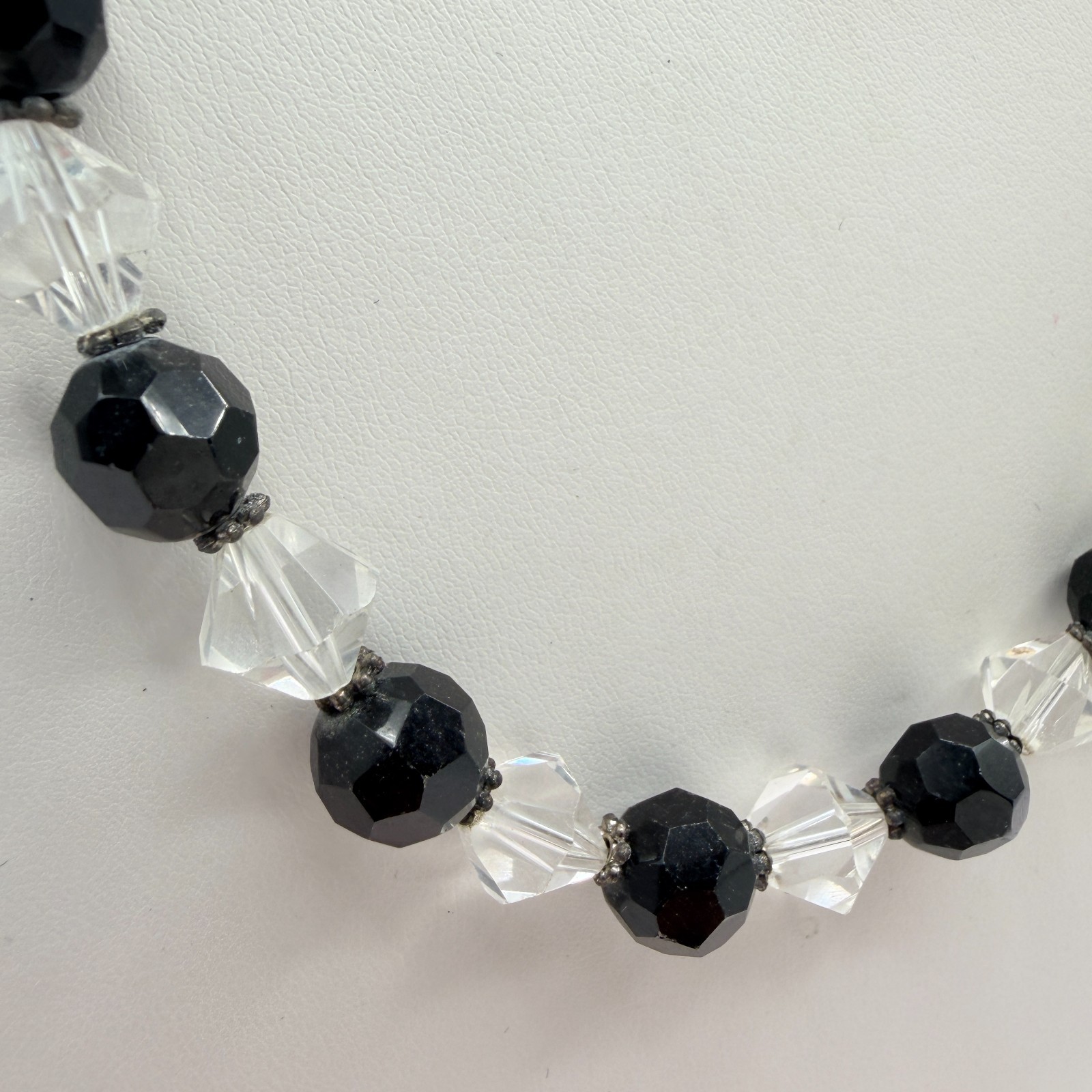 Vintage Black Clear Crystal Bead Necklace Bracelet Dangle Earrings Matching Set