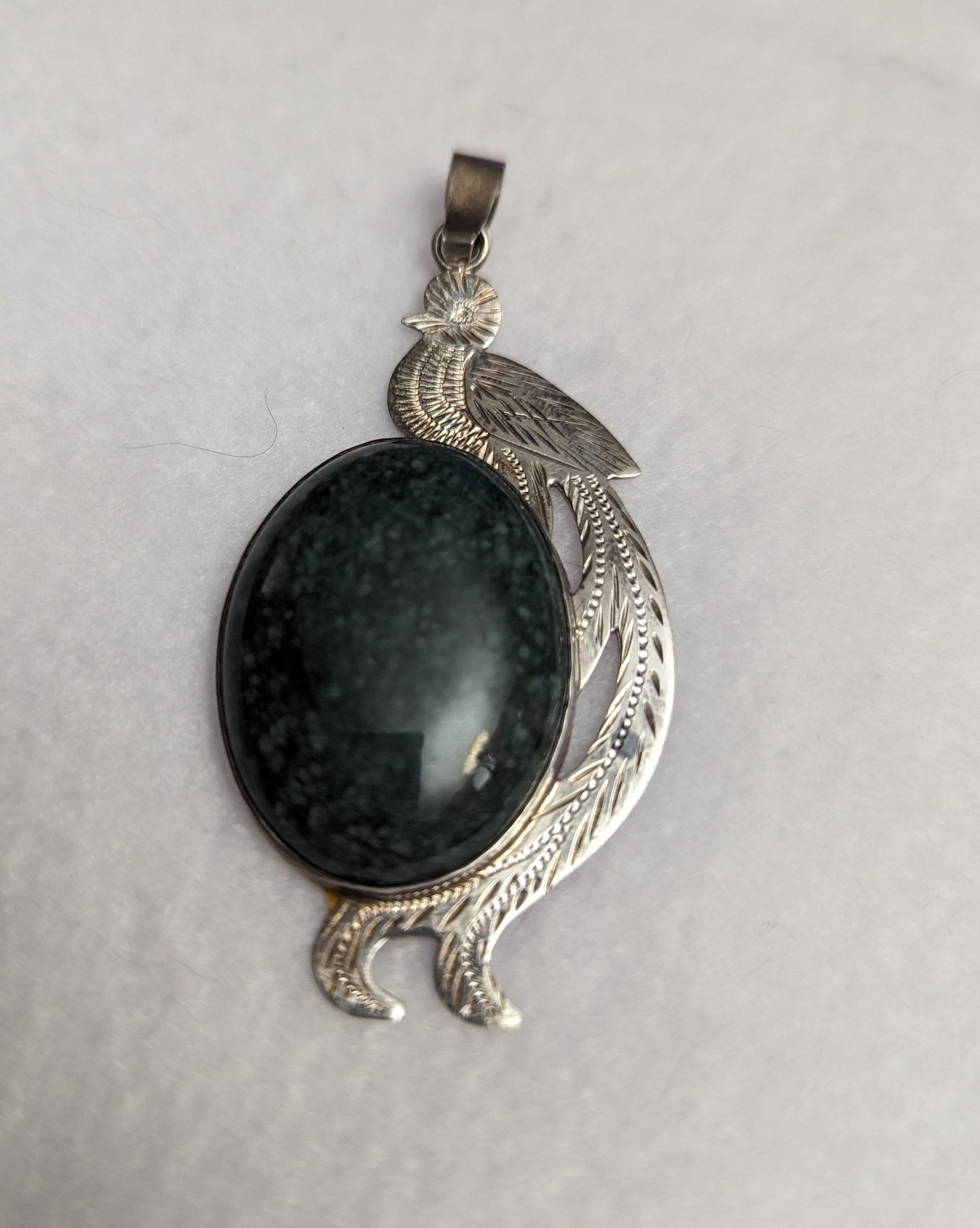 Quetzal Coutl Bird Pendant Sterling Silver Etch Oval Guatamalan Jade VTG