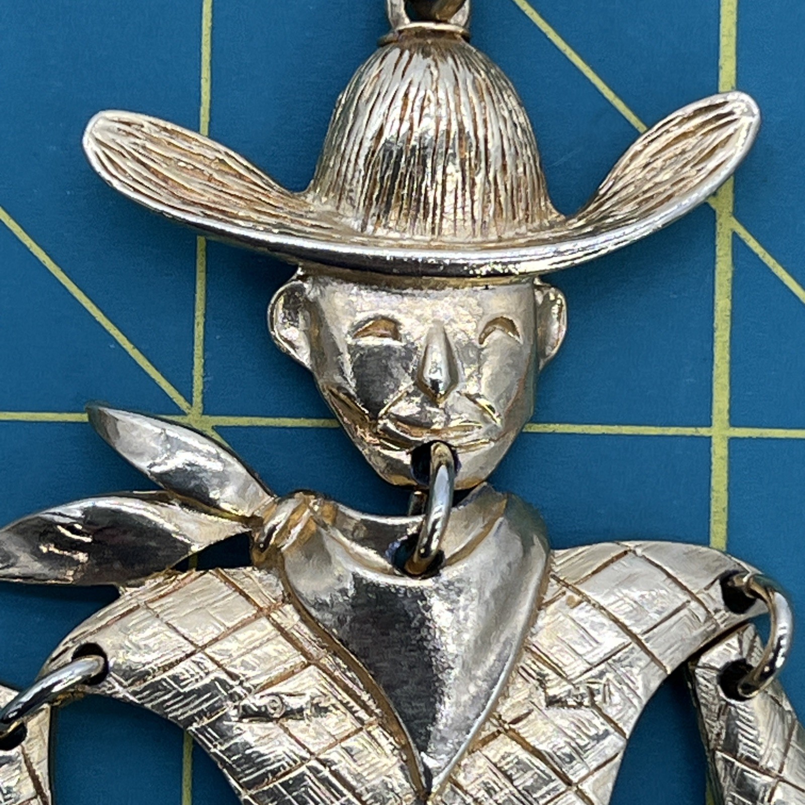 Vintage Gold Tone 4.25” Articulated Bow Legged Cowboy Pendant 24” Chain