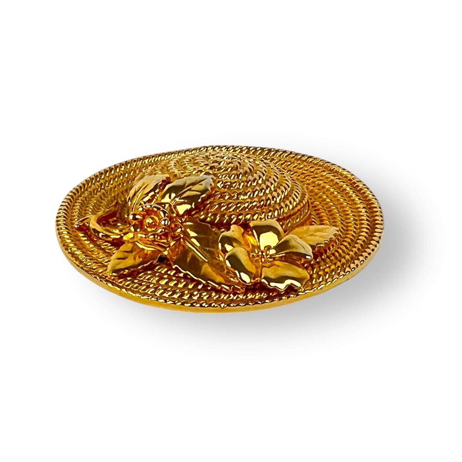Brooch Sun Hat Gold Tone Pin Textured Shiny Spring Garden Flowers Fashion Vtg