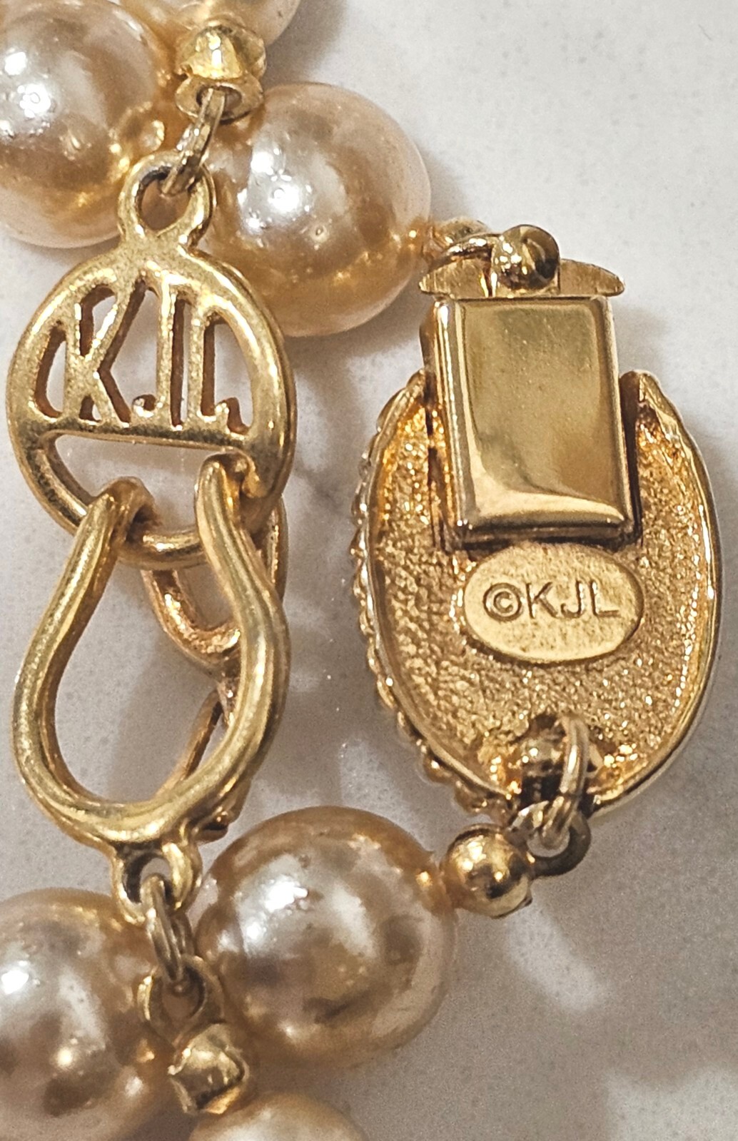 Kenneth J Lane Vintage Signed Faux Pearl Gold Filled Necklace with Bracelet Set