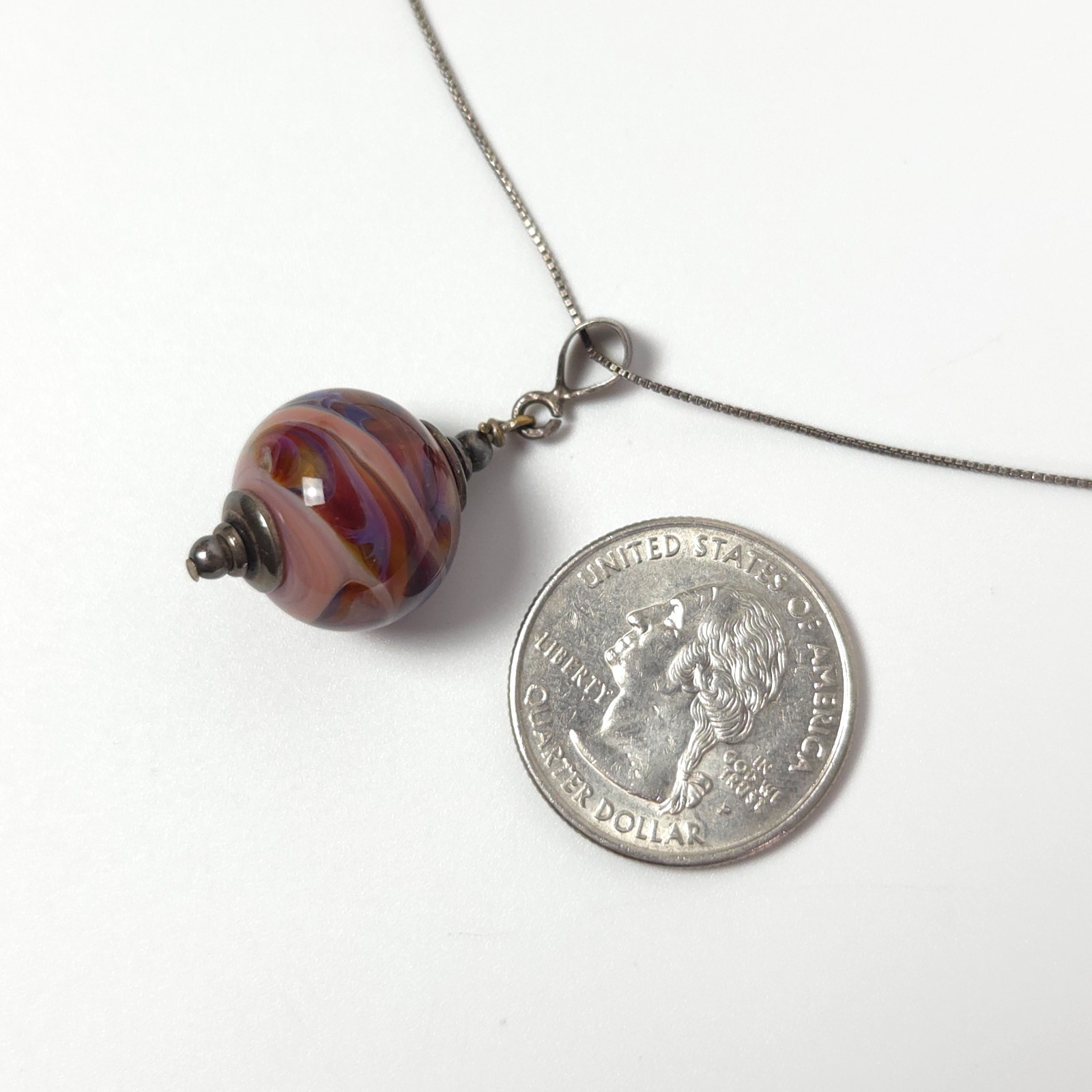 925 Sterling Silver Chain Necklace w Colorful Murano Lampwork Glass Bead Pendant