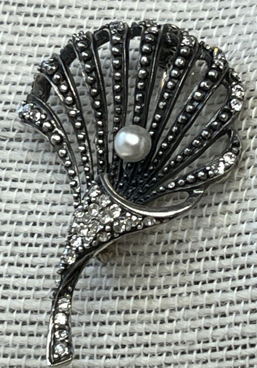 Floral 925 Sterling Silver & Clear Rhinestones Brooch Pin With Single Pearl