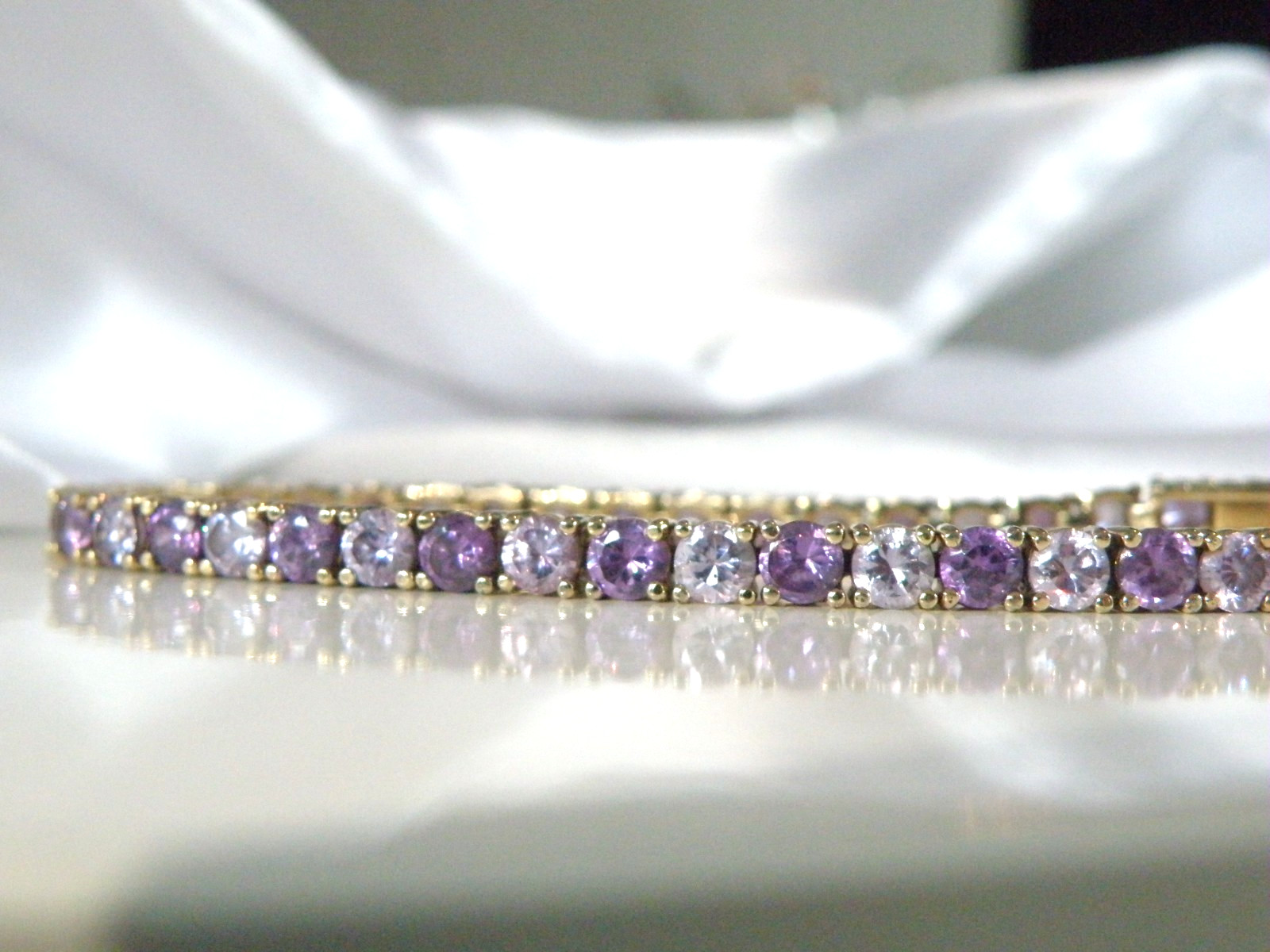 Vintage Sterling Silver 925 Gold Over Amethyst CZ Tennis Bracelet 7.5″