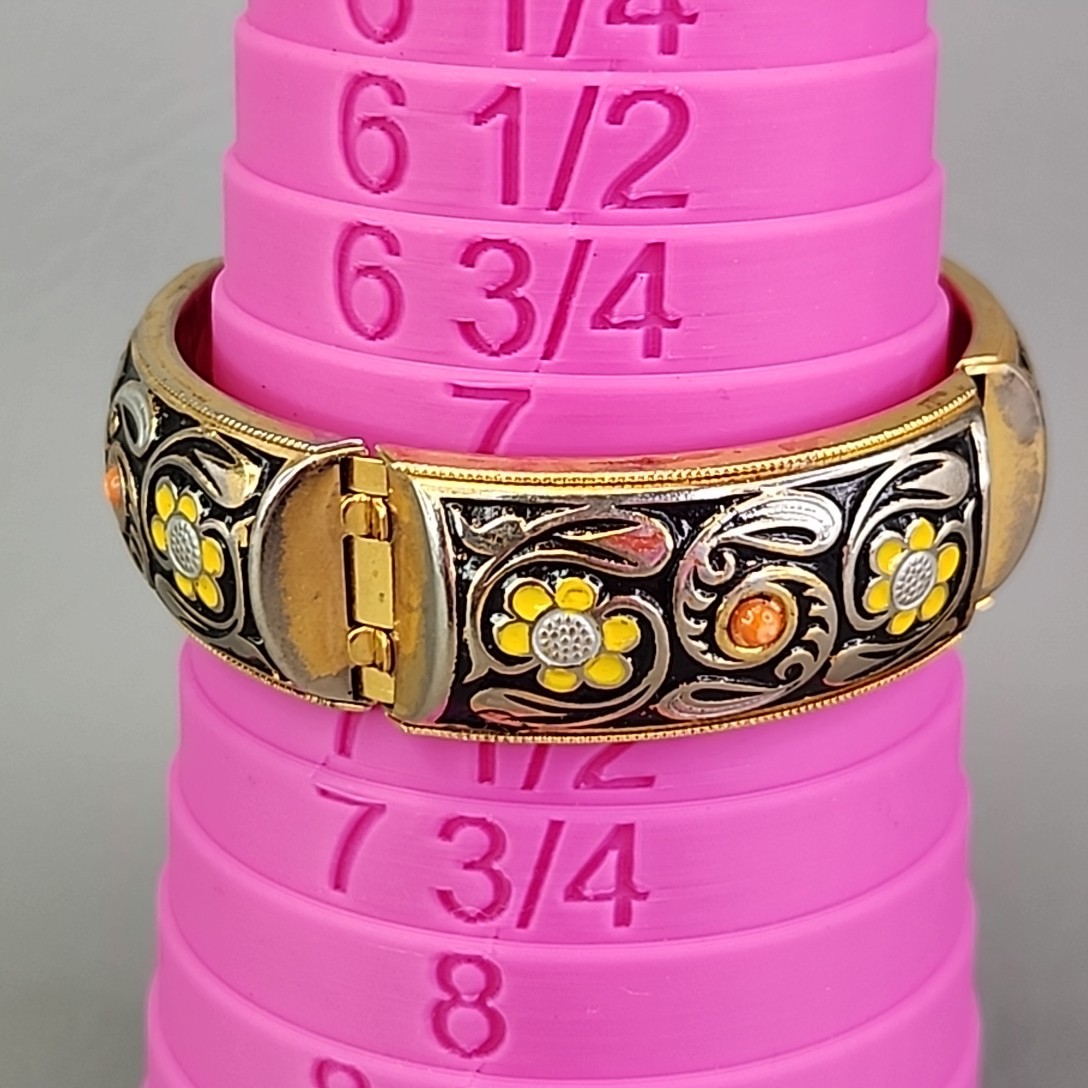 Vintage Expandable Bangle Bracelet Stretch Flower Enamel Blackened Gold Tone 7.2