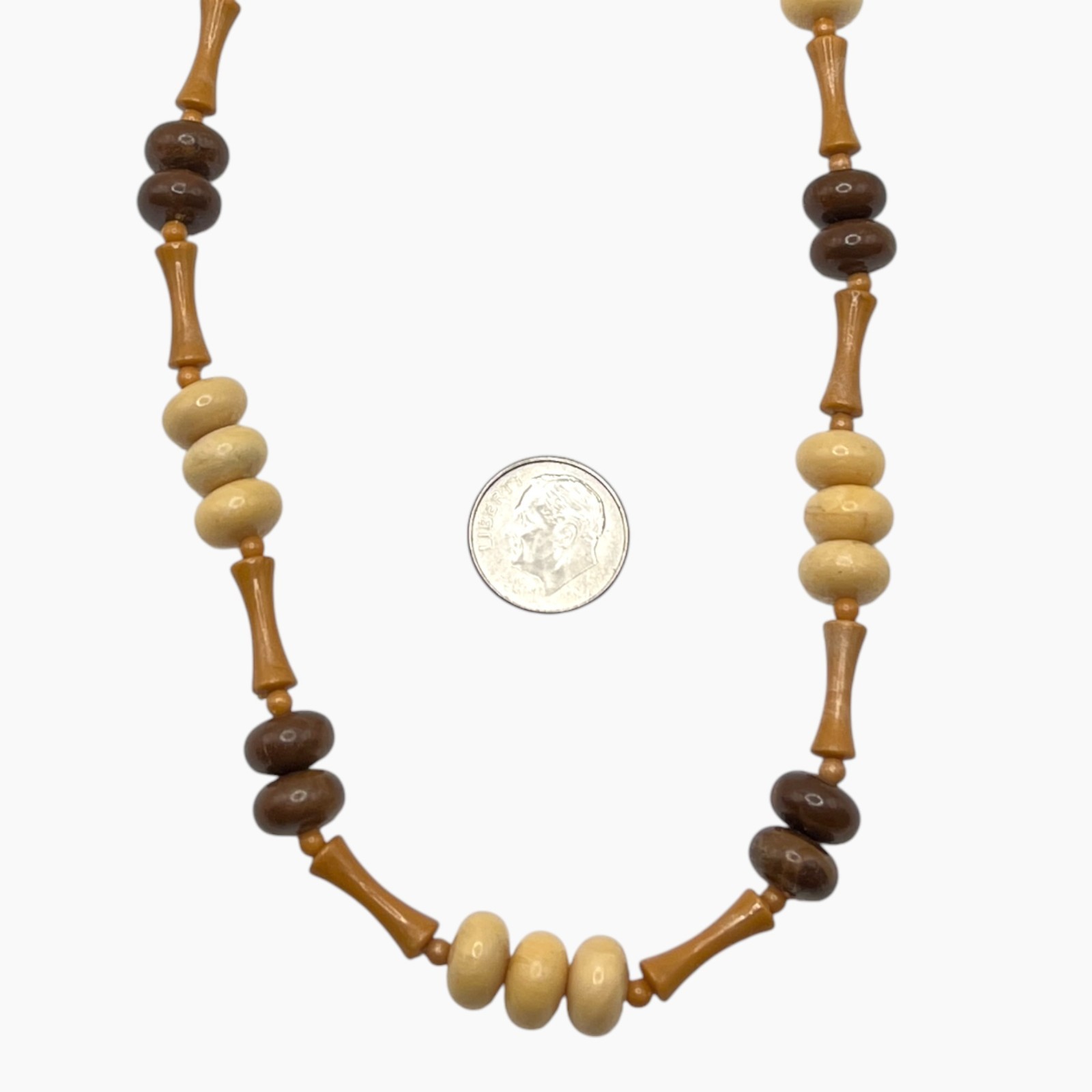 VTG Necklace Plastic Beads Brown Beige Earth Tones Hippie Tiki 19″ Lightweight
